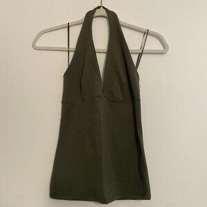 Olive Green Deep V-Neck Halter Top - Open Back - Size Small